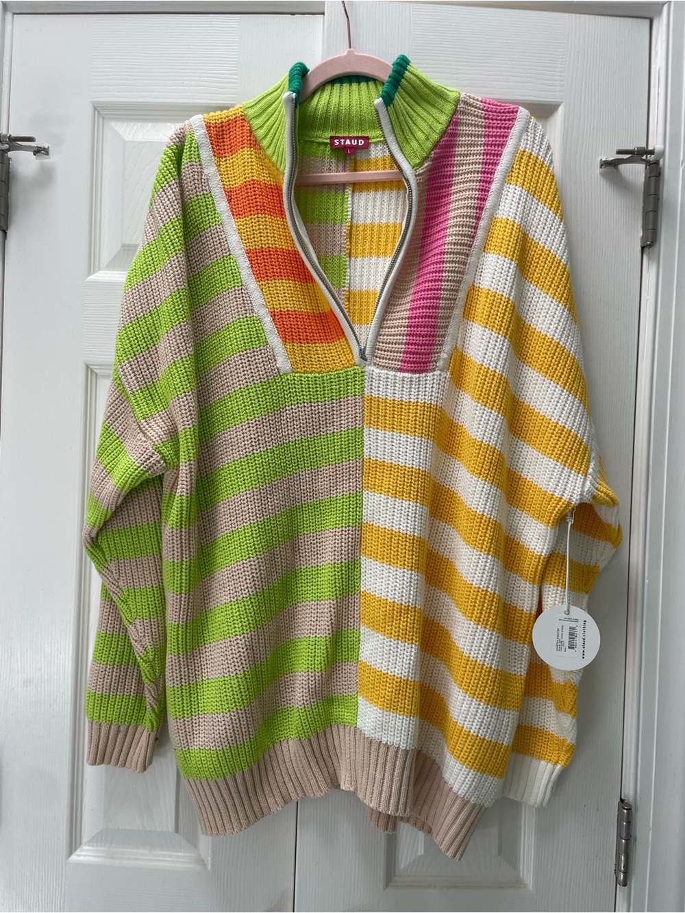 Staud Multicolor Striped Half-Zip Knit Sweater - Green, Yellow, Pink, Cream